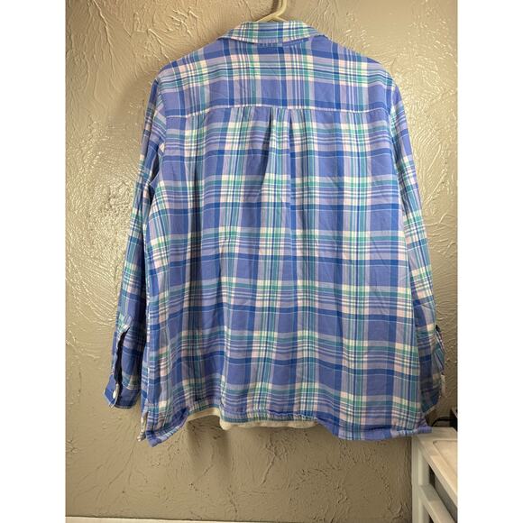 L.L. Bean Fleece Lined Flannel Shirt Womens Blue Plaid Button-Up Shacket Size XL - Picture 2 of 5